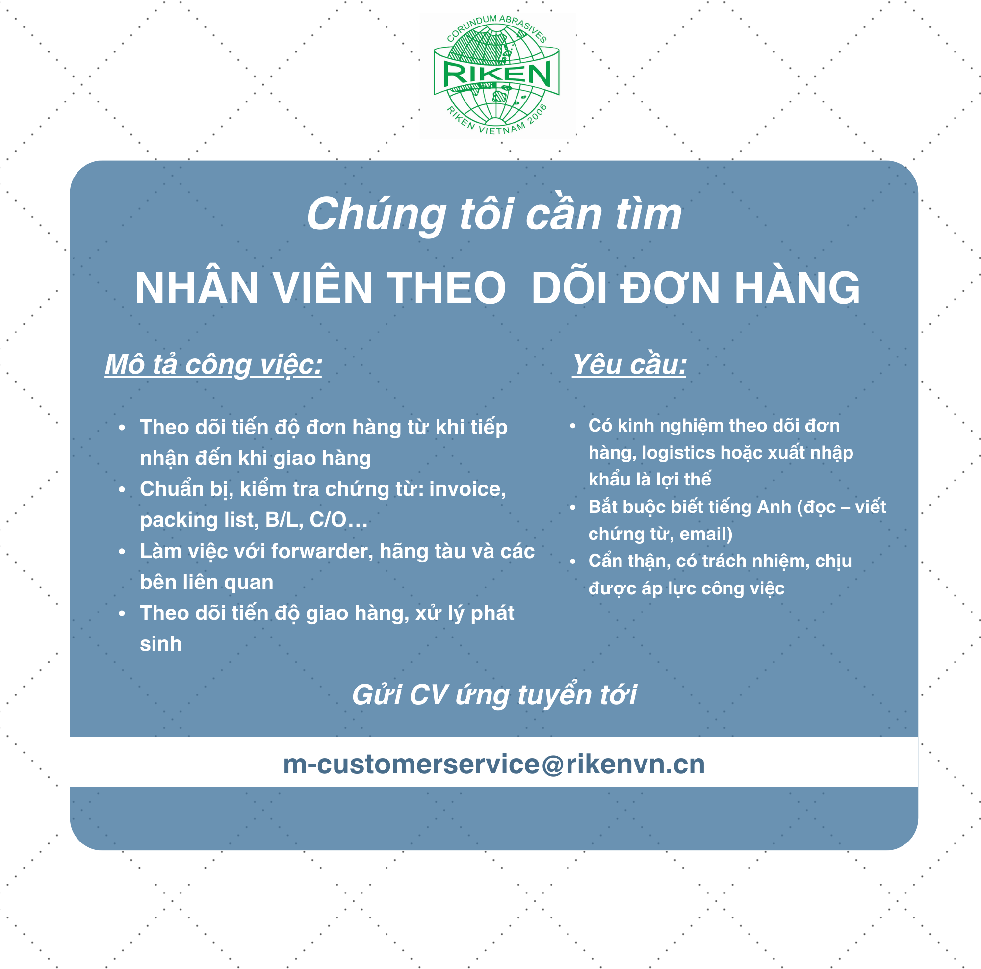 TUYỂN DỤNG NHÂN VIÊN THEO DÕI ĐƠN HÀNG