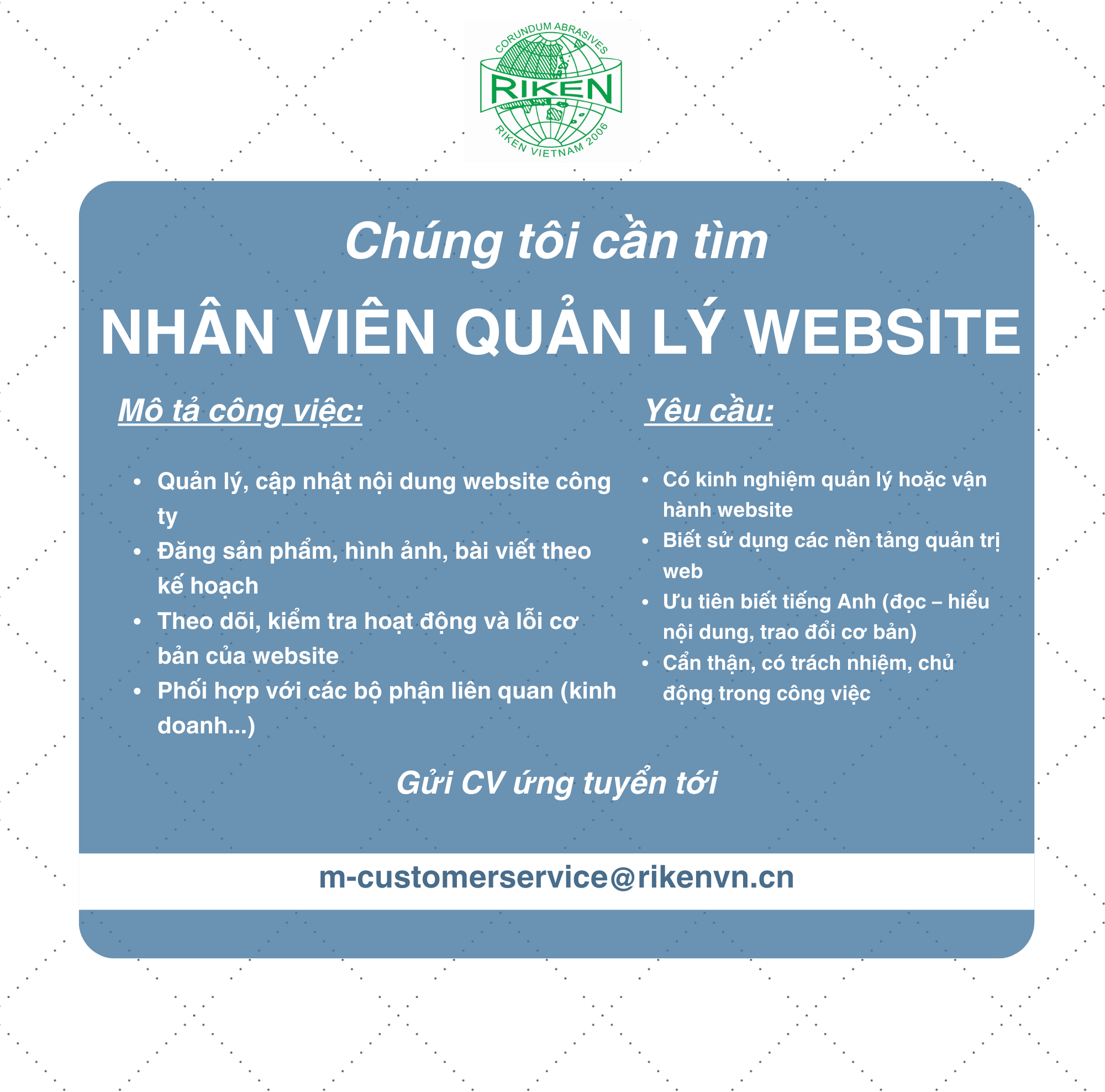 TUYỂN DỤNG NHÂN VIÊN QUẢN LÝ WEBSITE